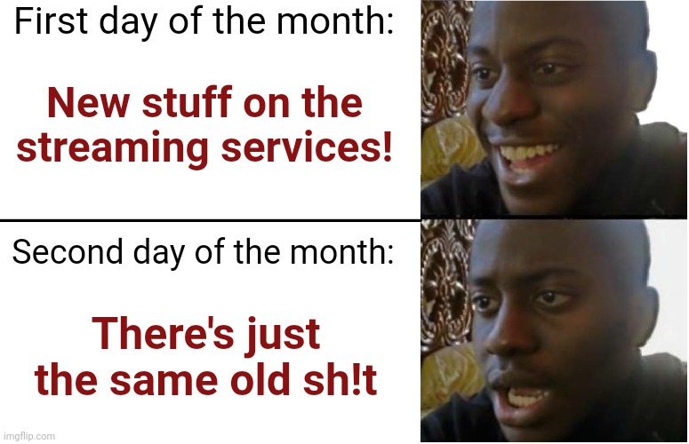 Welcome to October 2 | First day of the month:; New stuff on the streaming services! Second day of the month:; There's just the same old sh!t | image tagged in disappointed black guy,streaming services,television | made w/ Imgflip meme maker