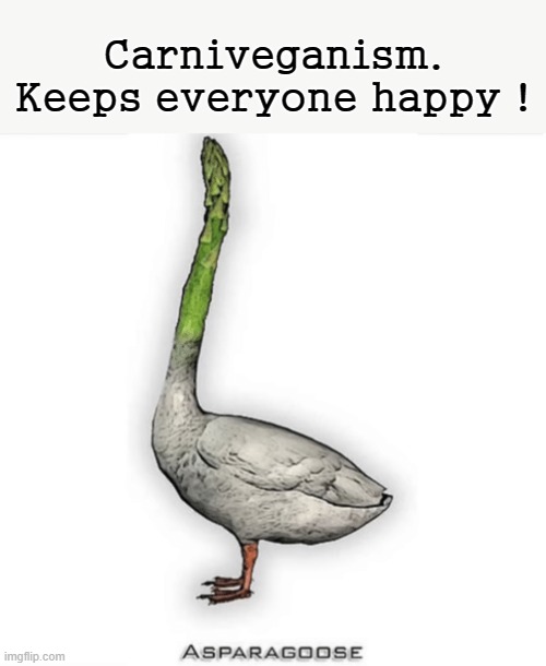 Asparagoose | Carniveganism.
Keeps everyone happy ! | image tagged in vegans do everthing better even fart | made w/ Imgflip meme maker