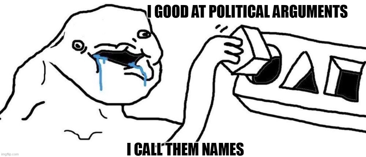 Brainlet blocks | I GOOD AT POLITICAL ARGUMENTS I CALL THEM NAMES | image tagged in brainlet blocks | made w/ Imgflip meme maker