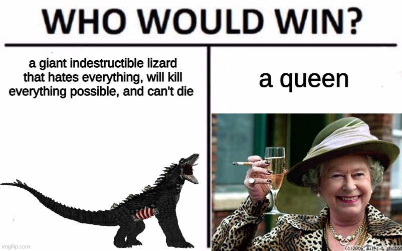 a giant indestructible lizard that hates everything, will kill everything possible, and can't die a queen | made w/ Imgflip meme maker