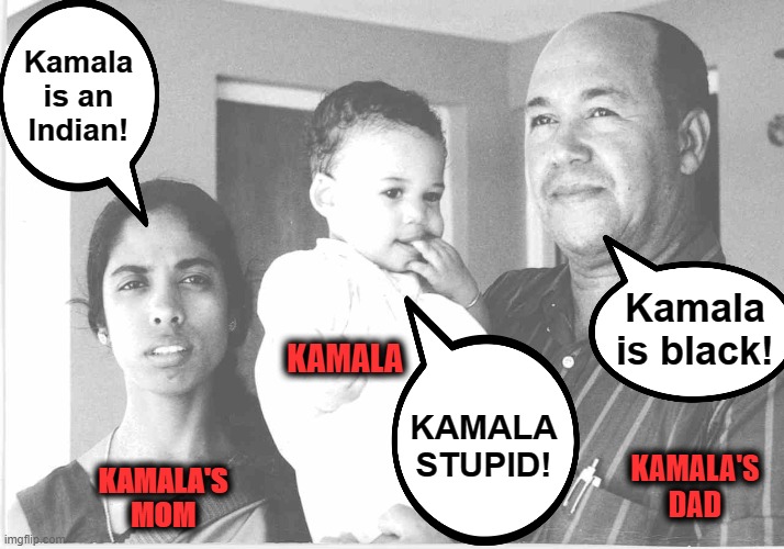 Kamala's true identity | Kamala is an Indian! Kamala is black! KAMALA; KAMALA STUPID! KAMALA'S DAD; KAMALA'S MOM | image tagged in memes,kamala harris,parents,black,indian,stupid | made w/ Imgflip meme maker