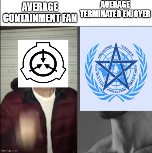 The scp foundation are pussies | AVERAGE TERMINATED ENJOYER; AVERAGE CONTAINMENT FAN | image tagged in giga chad template | made w/ Imgflip meme maker