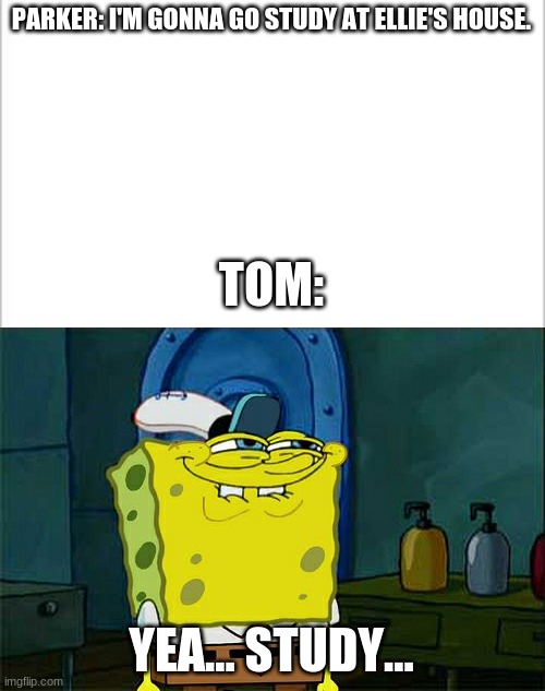 E | PARKER: I'M GONNA GO STUDY AT ELLIE'S HOUSE. TOM:; YEA... STUDY... | image tagged in white background,memes,don't you squidward | made w/ Imgflip meme maker