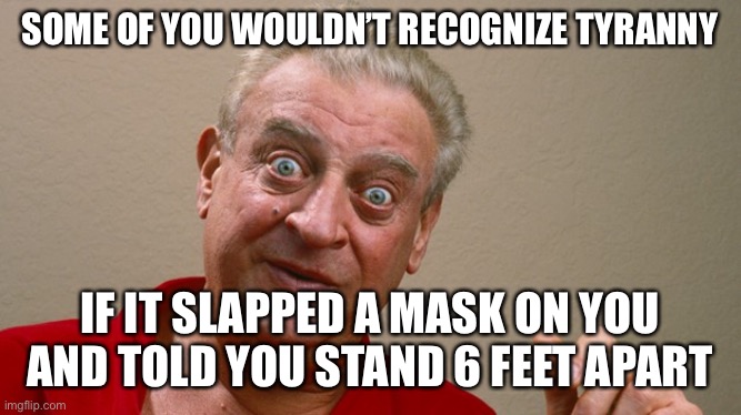 Rodney Dangerfield | SOME OF YOU WOULDN’T RECOGNIZE TYRANNY; IF IT SLAPPED A MASK ON YOU AND TOLD YOU STAND 6 FEET APART | image tagged in rodney dangerfield | made w/ Imgflip meme maker