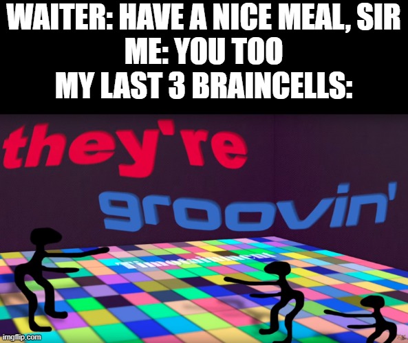 memes |  WAITER: HAVE A NICE MEAL, SIR
ME: YOU TOO
MY LAST 3 BRAINCELLS: | image tagged in they're groovin,dank,dank-ass memes,funni,this is the comedy police the jokes too funny | made w/ Imgflip meme maker