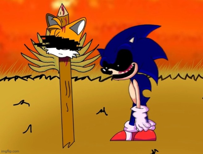 sonic.exe looking at tails head | image tagged in sonic exe looking at tails head | made w/ Imgflip meme maker