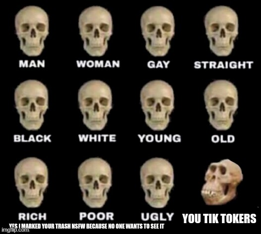 Tik Toker skulls |  YOU TIK TOKERS; YES I MARKED YOUR TRASH NSFW BECAUSE NO ONE WANTS TO SEE IT | image tagged in idiot skull | made w/ Imgflip meme maker