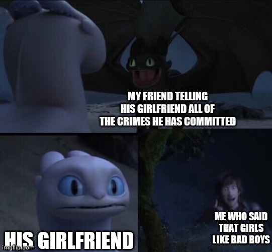 How to train your dragon 3 | MY FRIEND TELLING HIS GIRLFRIEND ALL OF THE CRIMES HE HAS COMMITTED; ME WHO SAID THAT GIRLS LIKE BAD BOYS; HIS GIRLFRIEND | image tagged in how to train your dragon 3,bad boys,crime | made w/ Imgflip meme maker