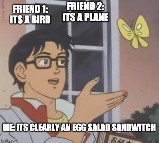 its an egg salad sandwitch | FRIEND 2: ITS A PLANE; FRIEND 1: ITS A BIRD; ME: ITS CLEARLY AN EGG SALAD SANDWITCH | image tagged in memes,is this a pigeon | made w/ Imgflip meme maker