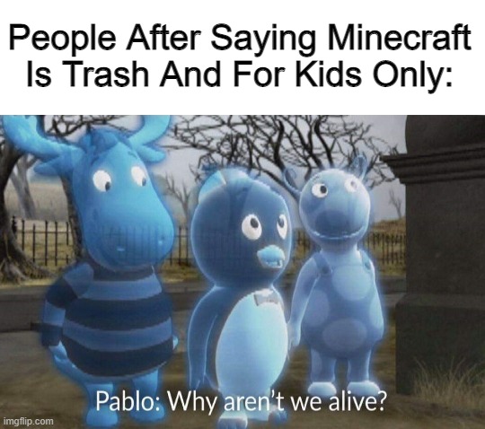 Minecraft Hater BeLike | People After Saying Minecraft Is Trash And For Kids Only: | image tagged in why aren't we alive | made w/ Imgflip meme maker
