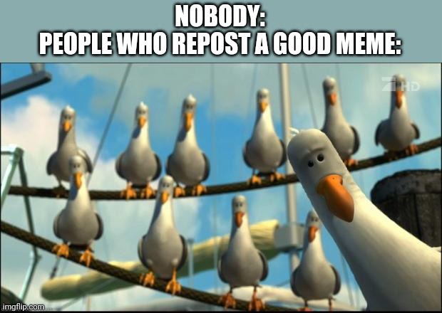 Minw | NOBODY:
PEOPLE WHO REPOST A GOOD MEME: | image tagged in nemo seagulls mine | made w/ Imgflip meme maker