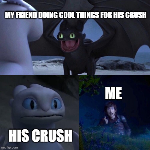 my friend | MY FRIEND DOING COOL THINGS FOR HIS CRUSH; ME; HIS CRUSH | image tagged in night fury | made w/ Imgflip meme maker