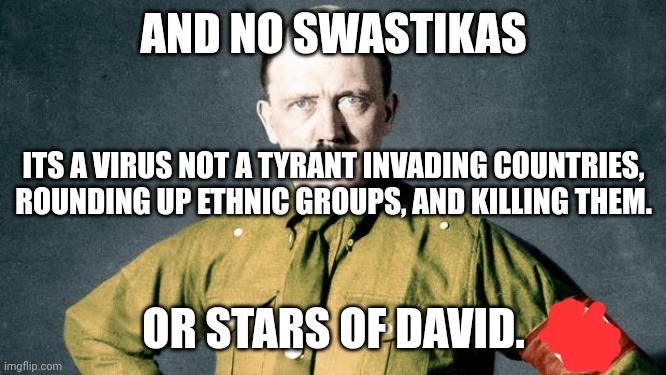 Adolf Hitler swastika | AND NO SWASTIKAS OR STARS OF DAVID. ITS A VIRUS NOT A TYRANT INVADING COUNTRIES, ROUNDING UP ETHNIC GROUPS, AND KILLING THEM. | image tagged in adolf hitler swastika | made w/ Imgflip meme maker