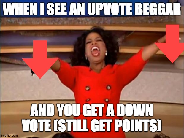 Oprah You Get A Meme | WHEN I SEE AN UPVOTE BEGGAR; AND YOU GET A DOWN VOTE (STILL GET POINTS) | image tagged in memes,oprah you get a | made w/ Imgflip meme maker