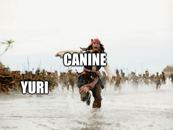 someone made yuri. | CANINE; YURI | image tagged in memes,jack sparrow being chased | made w/ Imgflip meme maker