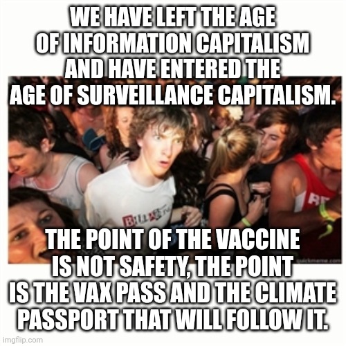 The government has allied with the corporation to track everything we do. | WE HAVE LEFT THE AGE OF INFORMATION CAPITALISM AND HAVE ENTERED THE AGE OF SURVEILLANCE CAPITALISM. THE POINT OF THE VACCINE IS NOT SAFETY, THE POINT IS THE VAX PASS AND THE CLIMATE PASSPORT THAT WILL FOLLOW IT. | image tagged in epiphany fixx | made w/ Imgflip meme maker