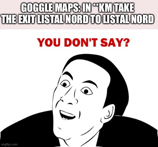 You Don't Say | GOGGLE MAPS: IN **KM TAKE THE EXIT LISTAL NORD TO LISTAL NORD | image tagged in memes,you don't say | made w/ Imgflip meme maker