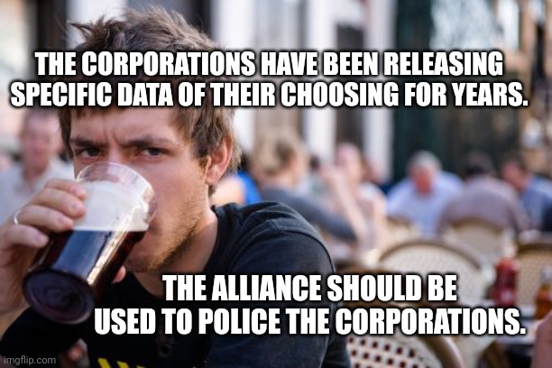 Lazy College Senior Meme | THE CORPORATIONS HAVE BEEN RELEASING SPECIFIC DATA OF THEIR CHOOSING FOR YEARS. THE ALLIANCE SHOULD BE USED TO POLICE THE CORPORATIONS. | image tagged in memes,lazy college senior | made w/ Imgflip meme maker