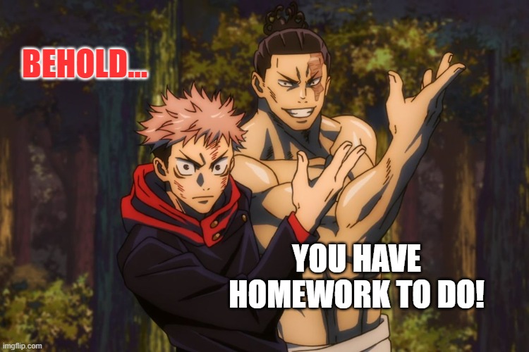 You have homework | BEHOLD... YOU HAVE HOMEWORK TO DO! | image tagged in anime meme,anime,animeme,homework | made w/ Imgflip meme maker