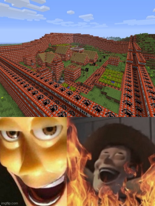 You have become the very thing you swore to destroy | image tagged in satanic woody no spacing,memes,minecraft,village,tnt,you have become the very thing you swore to destroy | made w/ Imgflip meme maker