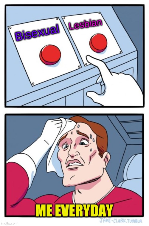 Two Buttons Meme | Lesbian; Bisexual; ME EVERYDAY | image tagged in memes,two buttons,bisexual,hard choice to make | made w/ Imgflip meme maker