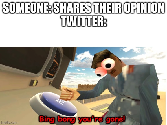 Bing Bong You're gone | SOMEONE: SHARES THEIR OPINION
TWITTER: | image tagged in i lost the game | made w/ Imgflip meme maker