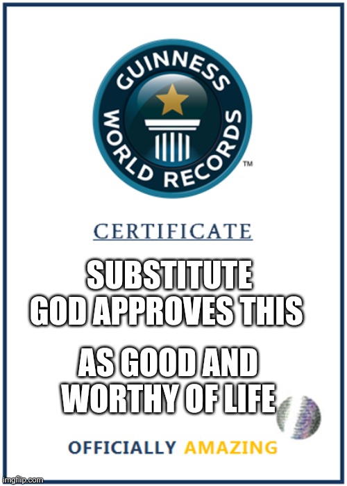 SUBSTITUTE GOD APPROVES THIS AS GOOD AND WORTHY OF LIFE | image tagged in blank world record certificate | made w/ Imgflip meme maker