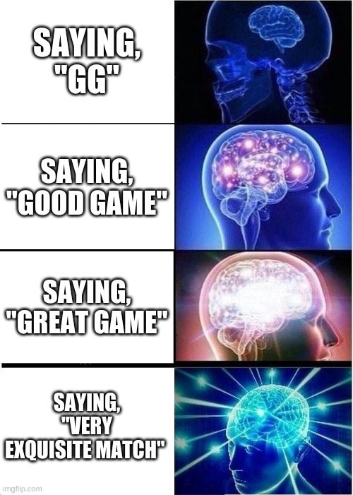Very noice | SAYING, "GG"; SAYING, "GOOD GAME"; SAYING, "GREAT GAME"; SAYING, "VERY EXQUISITE MATCH" | image tagged in memes,expanding brain | made w/ Imgflip meme maker