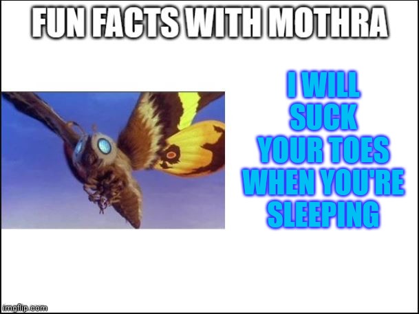 i will suck your toes when you sleep | I WILL SUCK YOUR TOES WHEN YOU'RE SLEEPING | image tagged in fun facts with mothra,toes | made w/ Imgflip meme maker