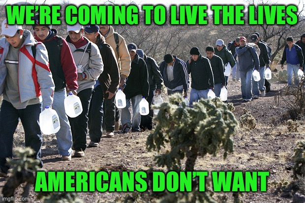 Illegal immigrants crossing border | WE’RE COMING TO LIVE THE LIVES AMERICANS DON’T WANT | image tagged in illegal immigrants crossing border | made w/ Imgflip meme maker