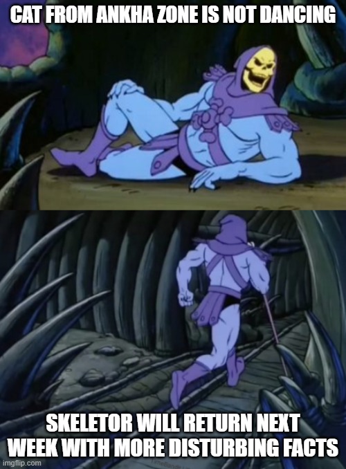 when realization | CAT FROM ANKHA ZONE IS NOT DANCING; SKELETOR WILL RETURN NEXT WEEK WITH MORE DISTURBING FACTS | image tagged in disturbing facts skeletor,realization | made w/ Imgflip meme maker