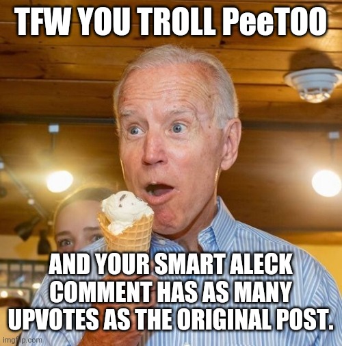 yeah buddy | TFW YOU TROLL PeeTOO; AND YOUR SMART ALECK COMMENT HAS AS MANY UPVOTES AS THE ORIGINAL POST. | image tagged in biden loves ice cream | made w/ Imgflip meme maker