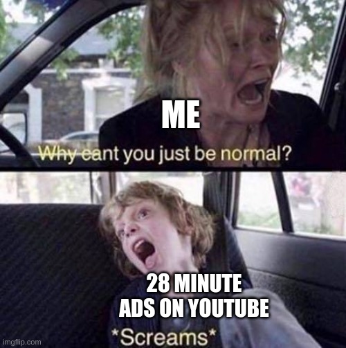 why are you giving us this shit youtube | ME; 28 MINUTE ADS ON YOUTUBE | image tagged in why can't you just be normal | made w/ Imgflip meme maker
