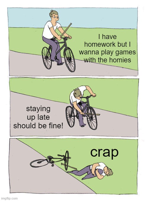 why can't I just not sleep and be fine | I have homework but I wanna play games with the homies; staying up late should be fine! crap | image tagged in memes,bike fall | made w/ Imgflip meme maker