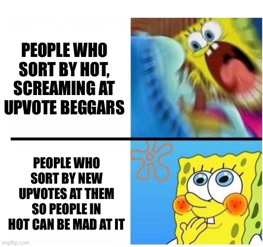 Fun stream in a nutshell. | PEOPLE WHO SORT BY HOT, SCREAMING AT UPVOTE BEGGARS; PEOPLE WHO SORT BY NEW UPVOTES AT THEM SO PEOPLE IN HOT CAN BE MAD AT IT | made w/ Imgflip meme maker