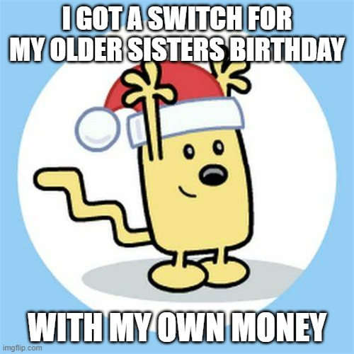 Totally no one chipped in | I GOT A SWITCH FOR MY OLDER SISTERS BIRTHDAY; WITH MY OWN MONEY | image tagged in christmas wubbzy | made w/ Imgflip meme maker
