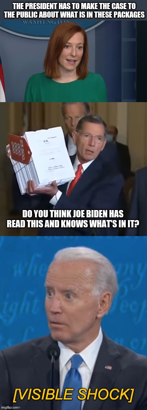 Biden: I don't want to bore you with this Legislative mumbo jumbo. Who likes Ice cream!? | THE PRESIDENT HAS TO MAKE THE CASE TO THE PUBLIC ABOUT WHAT IS IN THESE PACKAGES; DO YOU THINK JOE BIDEN HAS READ THIS AND KNOWS WHAT'S IN IT? | image tagged in circle back psaki,joe biden visible shock,biden,stimulus,democrats | made w/ Imgflip meme maker