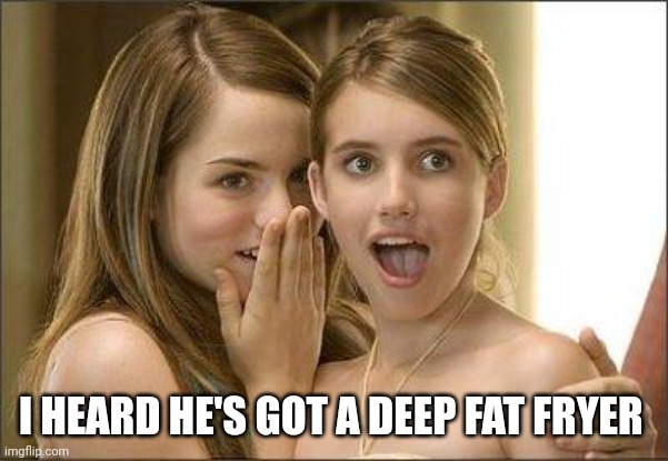 Deep fat fryer | I HEARD HE'S GOT A DEEP FAT FRYER | image tagged in girls gossiping | made w/ Imgflip meme maker
