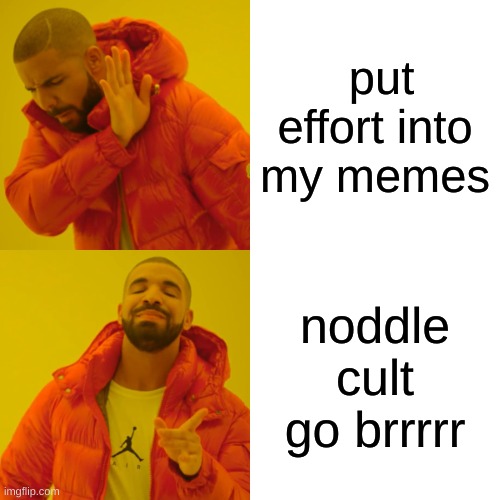 if you have seen my last post you will understand ;D | put effort into my memes; noddle cult go brrrrr | image tagged in memes,drake hotline bling | made w/ Imgflip meme maker