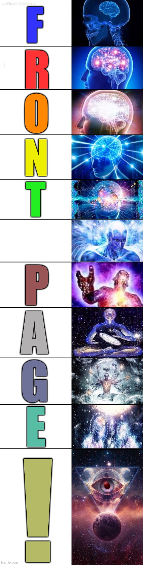 Feel Like Speed With Which I Created Meme Was Inpressive Either Way | F; R; O; N; T; P; A; G; E; ! | image tagged in extended expanding brain | made w/ Imgflip meme maker