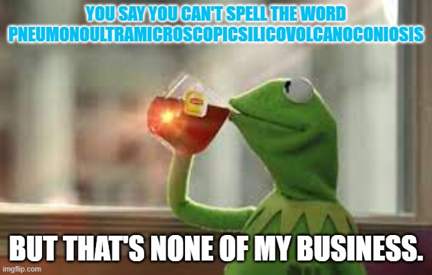 yoink | YOU SAY YOU CAN'T SPELL THE WORD PNEUMONOULTRAMICROSCOPICSILICOVOLCANOCONIOSIS; BUT THAT'S NONE OF MY BUSINESS. | image tagged in kermit the frog | made w/ Imgflip meme maker