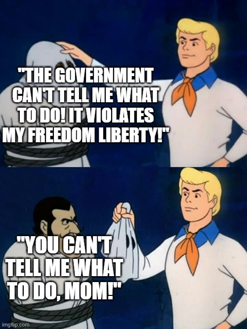 Conservatives are so childish | "THE GOVERNMENT CAN'T TELL ME WHAT TO DO! IT VIOLATES MY FREEDOM LIBERTY!"; "YOU CAN'T TELL ME WHAT TO DO, MOM!" | image tagged in scooby doo mask reveal,memes,politics | made w/ Imgflip meme maker