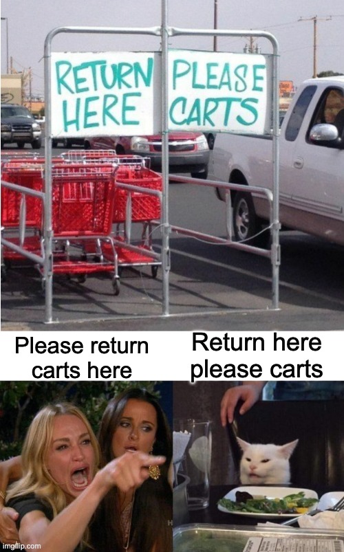 Lol | Return here please carts; Please return carts here | image tagged in memes,woman yelling at cat | made w/ Imgflip meme maker