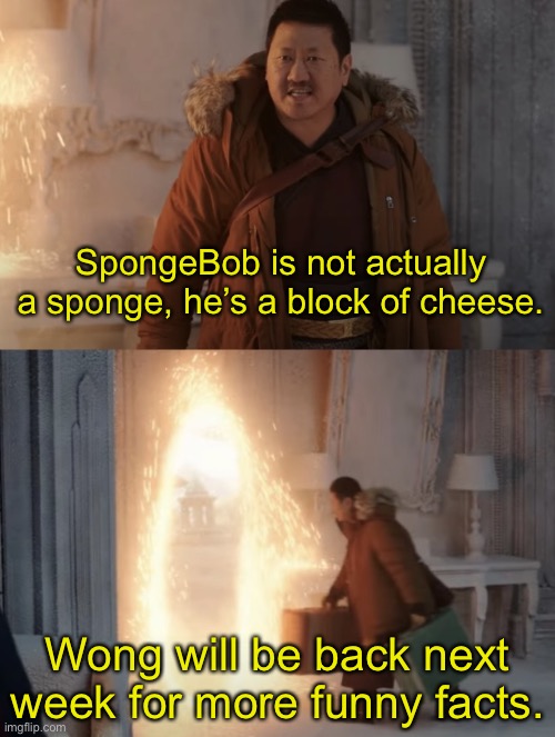 True, right? | SpongeBob is not actually a sponge, he’s a block of cheese. Wong will be back next week for more funny facts. | image tagged in wong will be back,spongebob,spiderman no way home,marvel cinematic universe | made w/ Imgflip meme maker