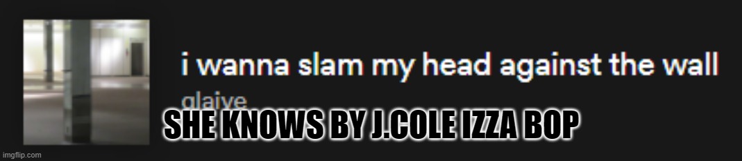 I wanna slam my head against the wall | SHE KNOWS BY J.COLE IZZA BOP | image tagged in i wanna slam my head against the wall | made w/ Imgflip meme maker