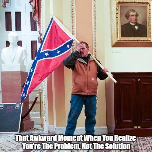 "That Awkward Moment When You Realize You're The Problem, Not The Solution" | That Awkward Moment When You Realize 
You're The Problem, Not The Solution | image tagged in january 6 insurrection,confederacy,confederate flag,often the problem masquerades as the solution | made w/ Imgflip meme maker