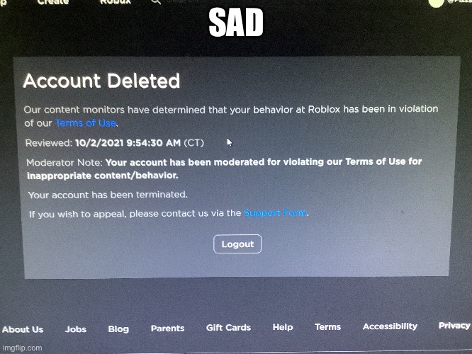 I got banned for 7 days on Roblox. Does that mean my next ban is an account  delete? - Quora