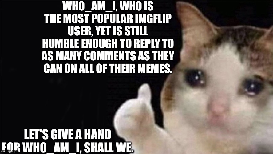 Good job, Who_am_i. You done good. | WHO_AM_I, WHO IS THE MOST POPULAR IMGFLIP USER, YET IS STILL HUMBLE ENOUGH TO REPLY TO AS MANY COMMENTS AS THEY CAN ON ALL OF THEIR MEMES. LET'S GIVE A HAND FOR WHO_AM_I, SHALL WE. | image tagged in cat thumbs up sad | made w/ Imgflip meme maker