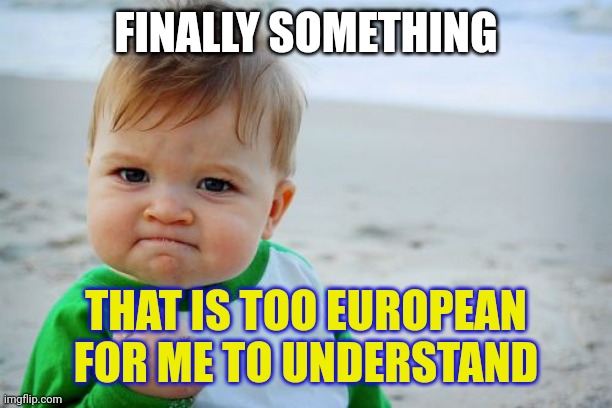 To Europe | FINALLY SOMETHING; THAT IS TOO EUROPEAN FOR ME TO UNDERSTAND | image tagged in memes,success kid original | made w/ Imgflip meme maker