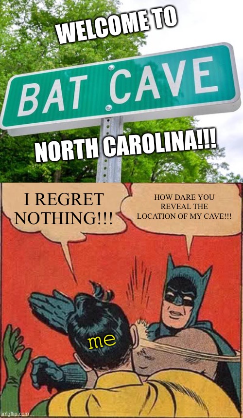 I FOUND IT!!! | WELCOME TO; NORTH CAROLINA!!! HOW DARE YOU REVEAL THE LOCATION OF MY CAVE!!! I REGRET NOTHING!!! me | image tagged in memes,batman slapping robin,batcave,north carolina | made w/ Imgflip meme maker